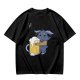 Olive T-Shirt With Cute Blue Goat Holding Foamy Beer Mug Print