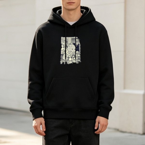 Black hoodie with cute dinosaur city window graphic print