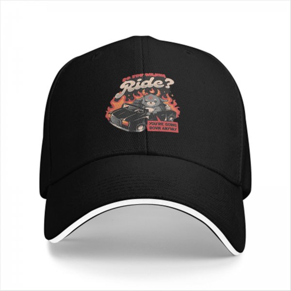 Black baseball cap with devil cat driving flaming car 'Do You Wanna Ride?' print