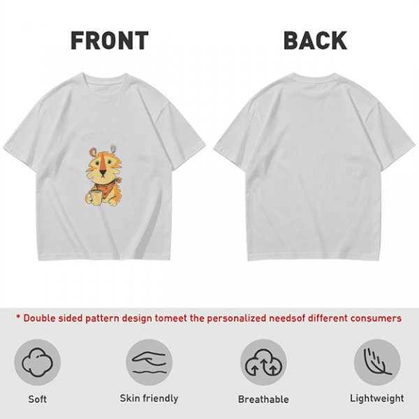 Olive Green T-Shirt with Cute Tiger Holding Coffee Mug Print