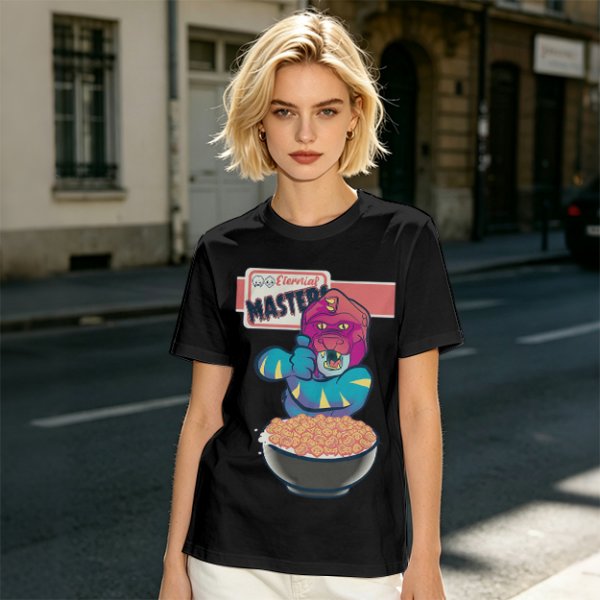 Olive T-Shirt With Cartoon Monster Cereal Bowl Graphic And Eternal Masters Text