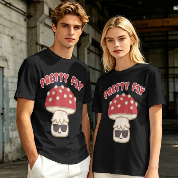 Olive green graphic t-shirt with 'Pretty Fly' and cool mushroom print