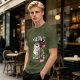 Olive T-Shirt with Punk Rock Cat Singing Microphone Graphic