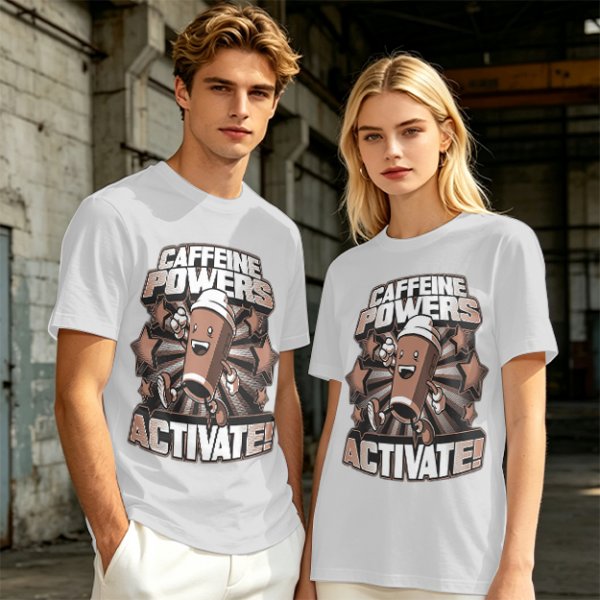 Caffeine Powers Activate! Cartoon Coffee T-Shirt Design