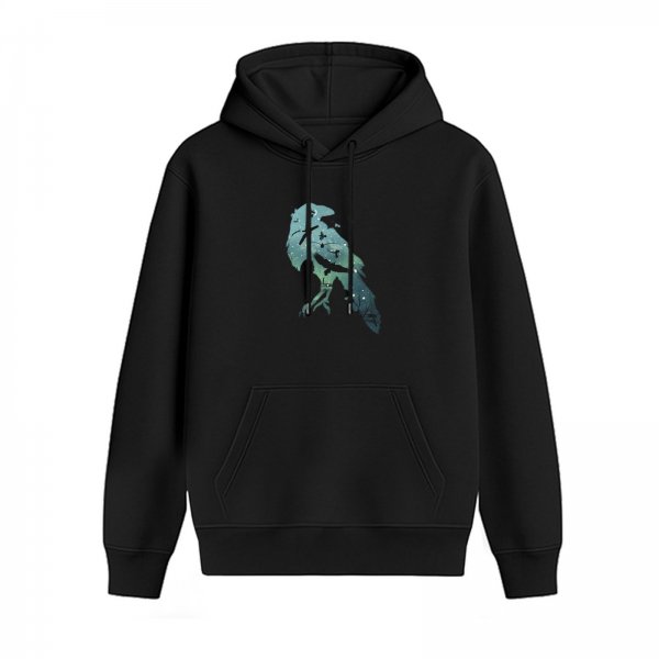 Black Hoodie With Watercolor Raven Graphic Print