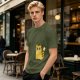 Olive Green T-Shirt With Surprised Yellow Tabby Cat Graphic