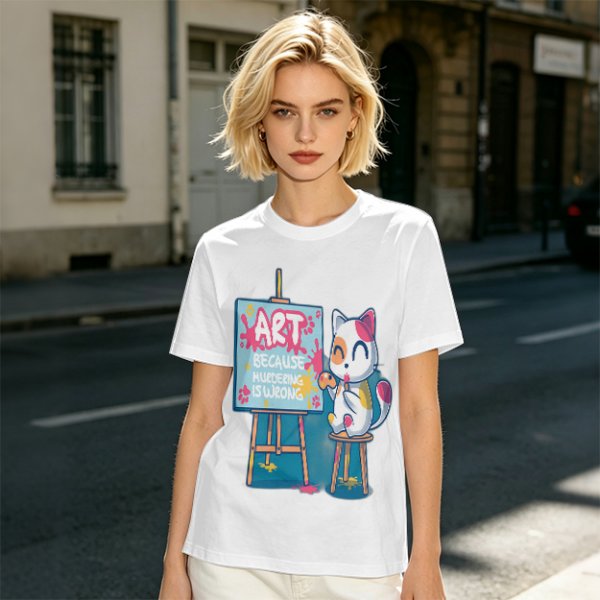 Olive T-Shirt With Cute Artist Cat Art Because Murder Is Wrong Print