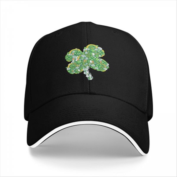 Black baseball cap with decorative four-leaf clover graphic