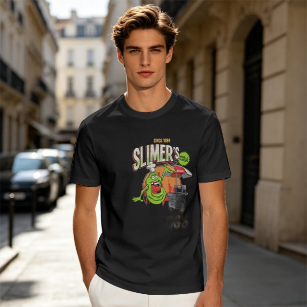 Olive green t-shirt with Slimer's Ghostbusters themed graphic print