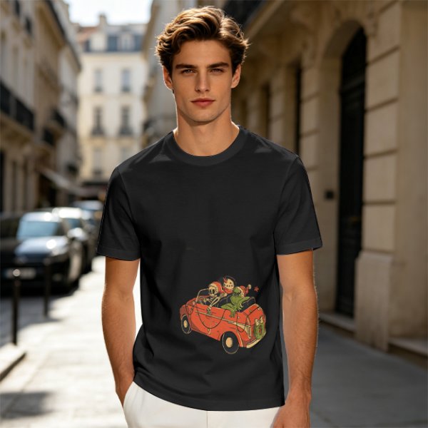 Olive T-Shirt with Skeleton and Friends in Christmas Car Print