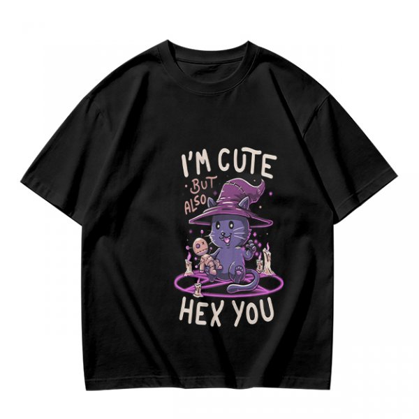 Olive green t-shirt with cute witch cat hex you graphic