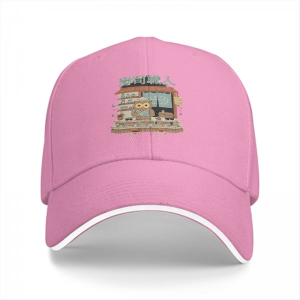 Black baseball cap with owl sushi chef graphic