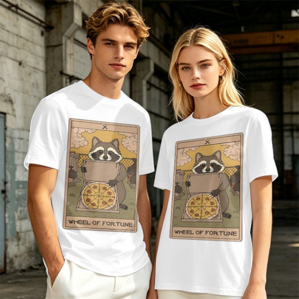 Raccoon Wheel of Fortune Tarot Pizza T-Shirt