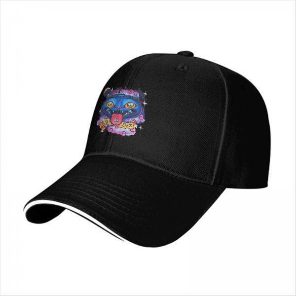 Black baseball cap with psychedelic blue cat graphic design