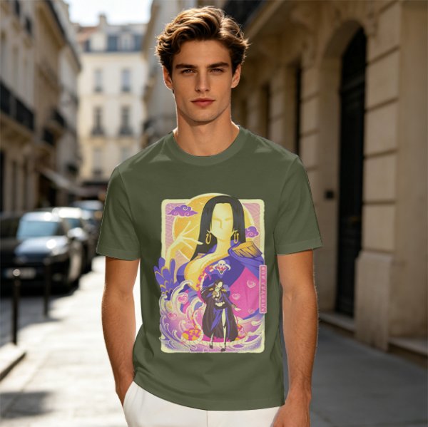 Oriental anime character graphic olive green casual t-shirt