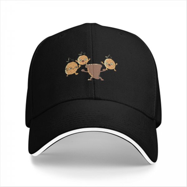 Black baseball cap with dancing pineapple and coffee cup characters