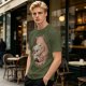 Olive T-Shirt Featuring a Ginger Cat Hugging a Skull