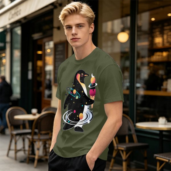 Olive T-Shirt With Cosmic Penguin And Ice Cream Print