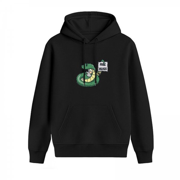 Black hoodie with cartoon snake holding free hugs sign