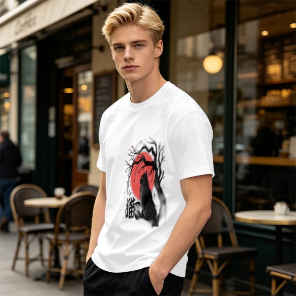 Olive T-Shirt with Black Cat and Red Moon Gothic Art Print