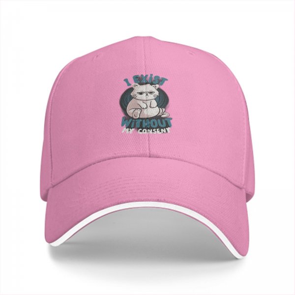 Black baseball cap with 'I Exist Without My Consent' grumpy cat print