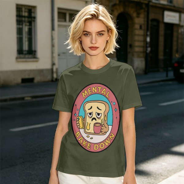 Olive T-Shirt with Sad Toast Holding Coffee and Phone Mental Bake Down Print
