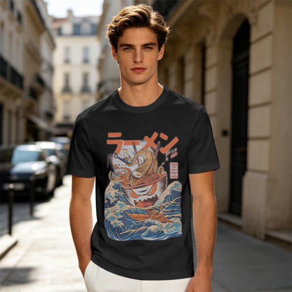 Olive T-Shirt With Great Wave Inspired Monster Ramen Bowl Art