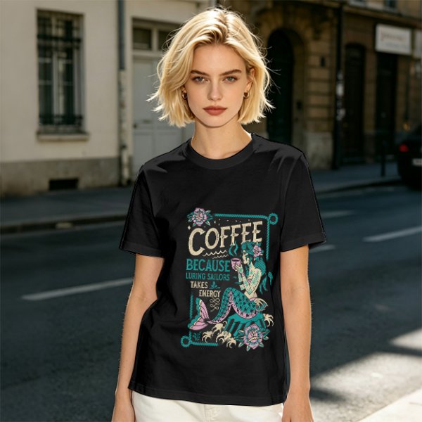 Olive t-shirt with mermaid coffee print 'Coffee Because Luring Sailors Takes Energy'