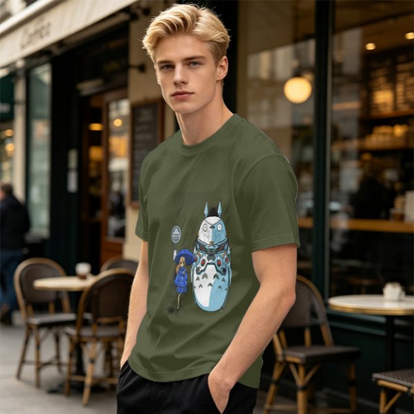 Olive T-Shirt with Mech Totoro and Girl at Bus Stop Print