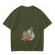 Olive green t-shirt with whimsical elf and dog artwork