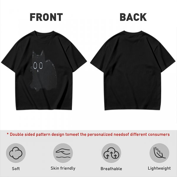 Oversized Olive T-Shirt With Black Cat Graphic Print