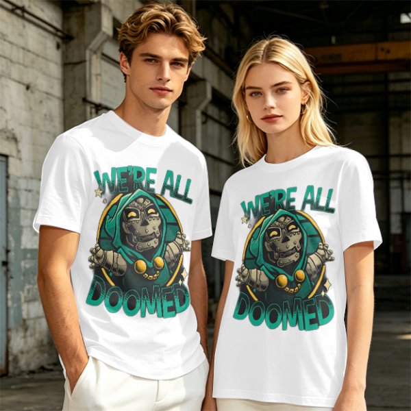 Olive T-Shirt Featuring 'We're All Doomed' and Doom Character Art