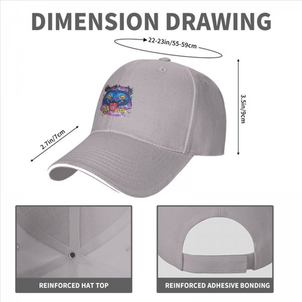 Black baseball cap with psychedelic blue cat graphic design