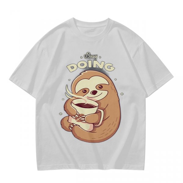 Olive green sloth t-shirt with 'Busy Doing' coffee graphic