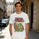 Olive green pizza graphic t-shirt with playful pizza slice characters