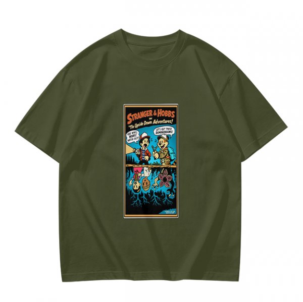 Olive T-Shirt with Stranger Hobbs Upside Down Comic Print