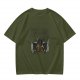 Olive green graphic t-shirt with symmetrical dark and orange artwork