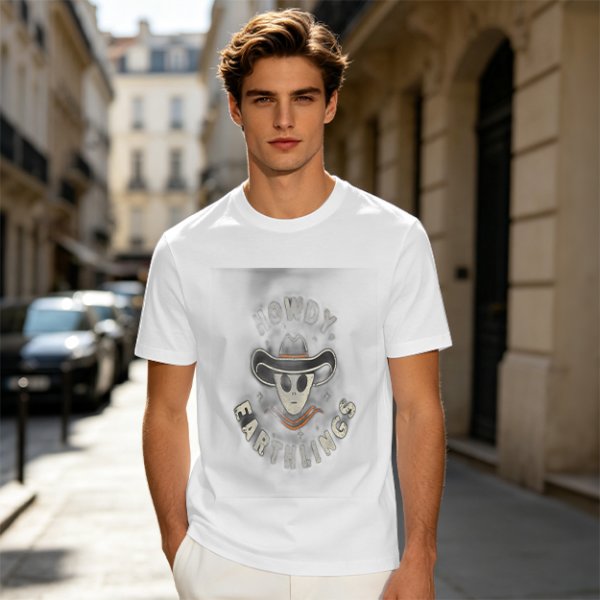 Olive t-shirt with alien cowboy howdy earthlings graphic