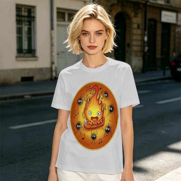 Olive T-Shirt Featuring Calcifer and Soot Sprites Artwork