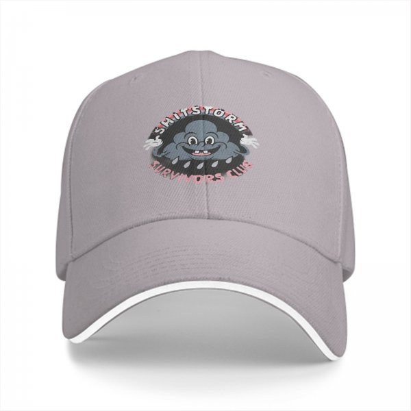Black baseball cap with 'Shitstorm Survivors Club' cartoon cloud graphic
