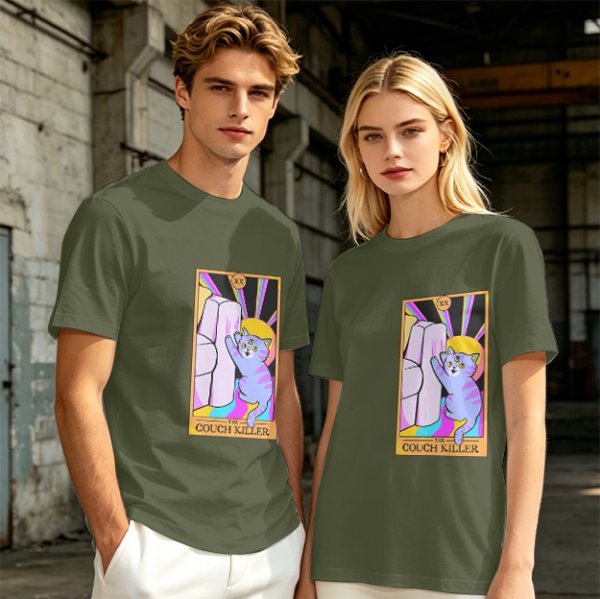 Olive green t-shirt with three-eyed cat couch killer tarot-style graphic