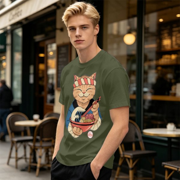 Olive T-Shirt with Japanese Ramen Chef Cat Graphic