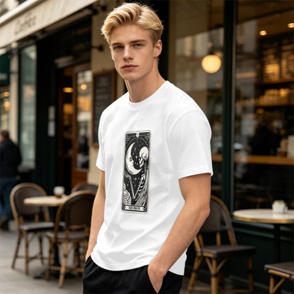 Olive t-shirt with The Moon tarot card skeleton and crescent moon print