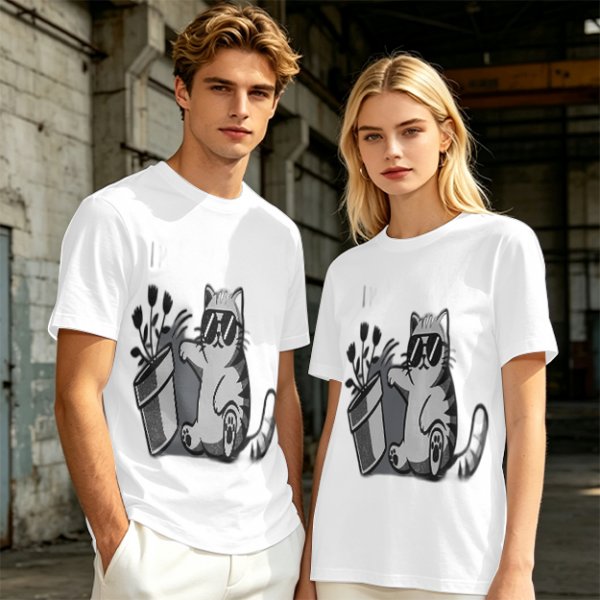 Olive T-Shirt With Cool Cat Wearing Sunglasses Knocking Over Potted Plant