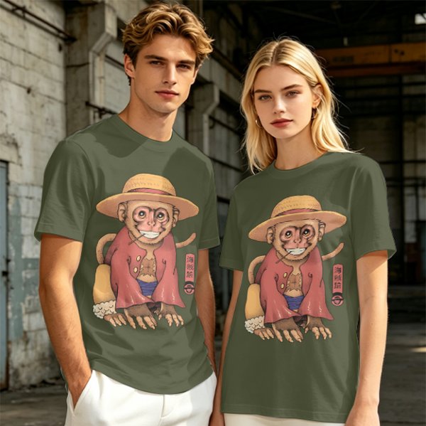 Olive T-Shirt With Monkey In Straw Hat Pirate Print