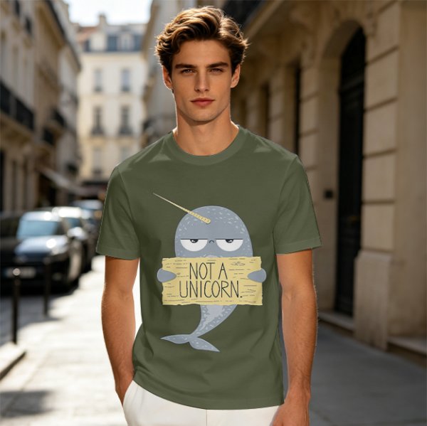 Olive T-Shirt With Grumpy Narwhal Holding Not A Unicorn Sign
