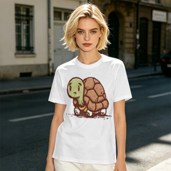 Olive Green T-Shirt With Cute Cartoon Turtle Graphic