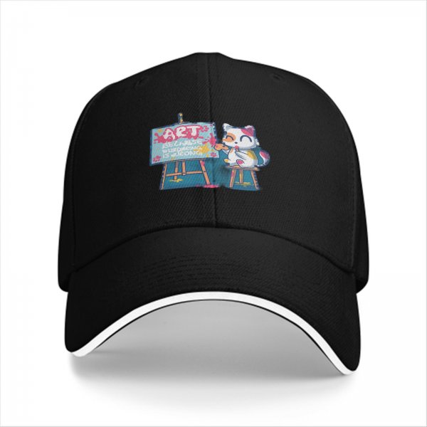 Black baseball cap with cat painting art design