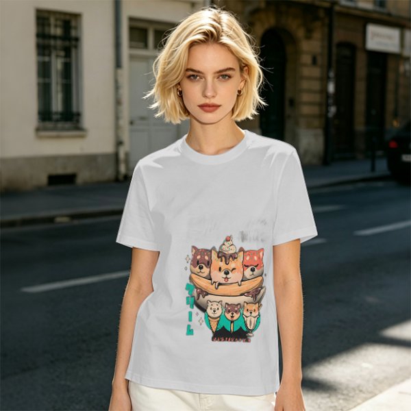 Olive green t-shirt with cute shiba inu ice cream graphic