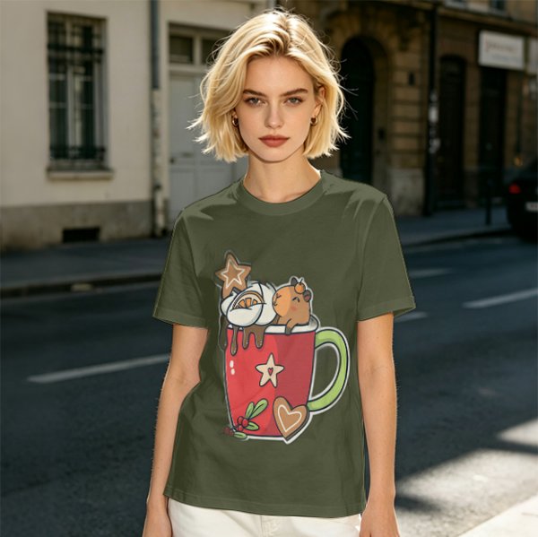 Olive T-Shirt With Cute Capybara In Christmas Hot Cocoa Mug Print